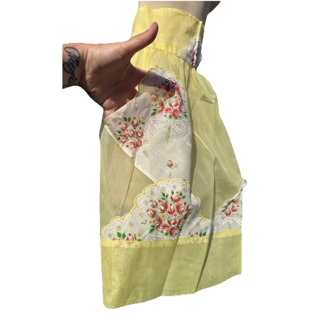 Vintage Floral Half Apron Pockets Sheer Yellow Lace Cottagecore Retro OS Patched